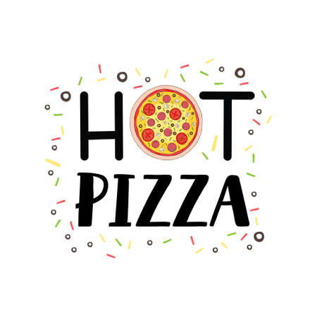 Pizza Lettering. Cute greeting card with colorful calligraphy. Hand-drawn vector illustration in cartoon styleのイラスト素材