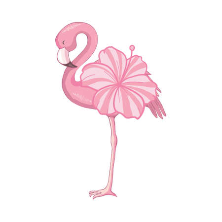 cute flamingo and flowers with leaves, children's print tropical design, vector illustration flamingo on white background.のイラスト素材