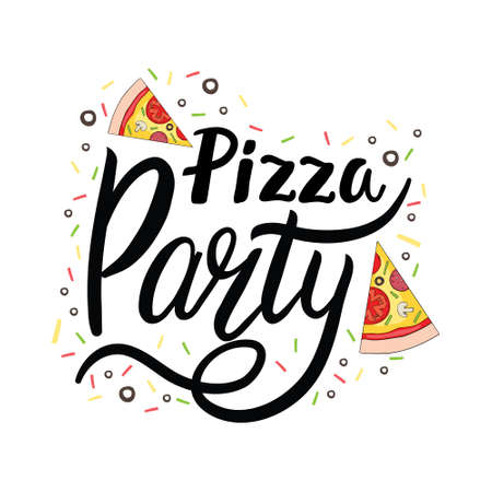 Pizza Lettering. Cute greeting card with colorful calligraphy. Hand-drawn vector illustration in cartoon styleのイラスト素材