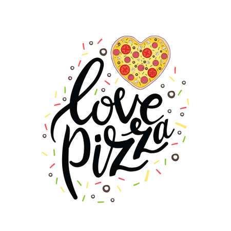 Pizza Lettering. Cute greeting card with colorful calligraphy. Hand-drawn vector illustration in cartoon styleのイラスト素材