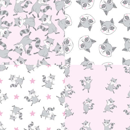 Set of Cute Super Raccoons Seamless Patterns and Poster. Childish Background with Little raccoon Heads. Vector Baby Funny Animals Drawing for Tee Print for Kids.のイラスト素材