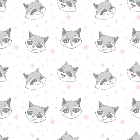 Seamless pattern with cute baby raccoons. Kids vector backgroundのイラスト素材