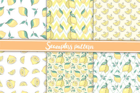 A set of seamless patterns is a collection of whole and sliced lemons with leaves. vector illustration on a white background.のイラスト素材