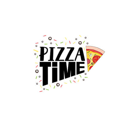 Pizza Lettering. Cute greeting card with colorful calligraphy. Hand-drawn vector illustration in cartoon styleのイラスト素材
