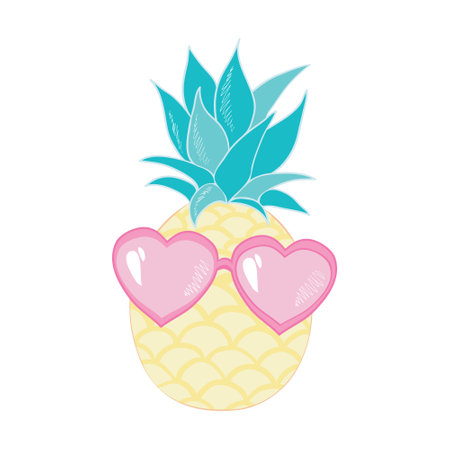 Pineapple fruit icon with glasses. Cute cartoon kawaii, a funny children's character. Sunglasses. Hello, summer. A greeting card. Flat design. Vector illustrationのイラスト素材