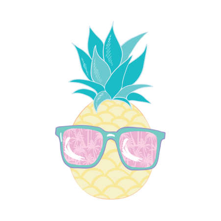 Pineapple fruit icon with glasses. Cute cartoon kawaii, a funny children's character. Sunglasses. Hello, summer. A greeting card. Flat design. Vector illustrationのイラスト素材