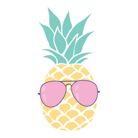 Pineapple fruit icon with glasses. Cute cartoon kawaii, a funny children's character. Sunglasses. Hello, summer. A greeting card. Flat design. Vector illustrationのイラスト素材