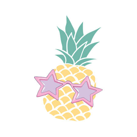 Pineapple fruit icon with glasses. Cute cartoon kawaii, a funny children's character. Sunglasses. Hello, summer. A greeting card. Flat design. Vector illustrationのイラスト素材