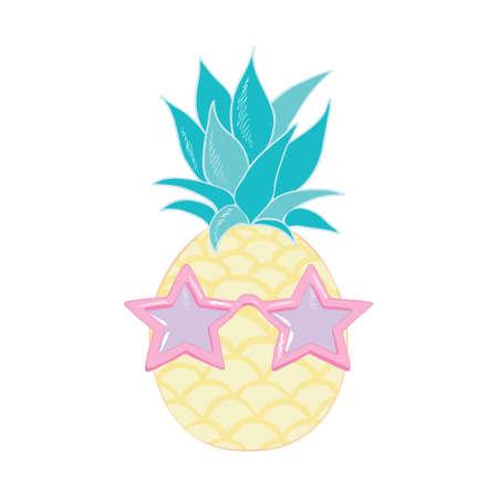 Pineapple fruit icon with glasses. Cute cartoon kawaii, a funny children's character. Sunglasses. Hello, summer. A greeting card. Flat design. Vector illustrationのイラスト素材