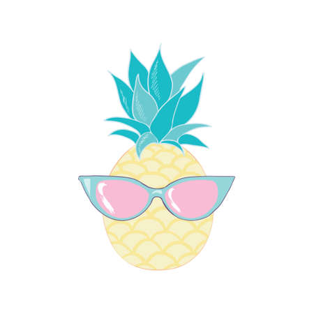 Pineapple fruit icon with glasses. Cute cartoon kawaii, a funny children's character. Sunglasses. Hello, summer. A greeting card. Flat design. Vector illustrationのイラスト素材