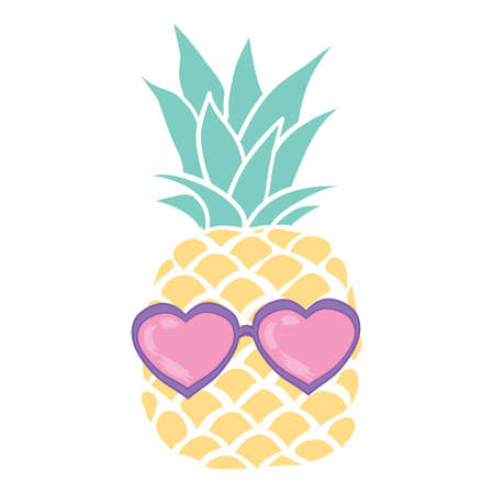 Pineapple fruit icon with glasses. Cute cartoon kawaii, a funny children's character. Sunglasses. Hello, summer. A greeting card. Flat design. Vector illustrationのイラスト素材