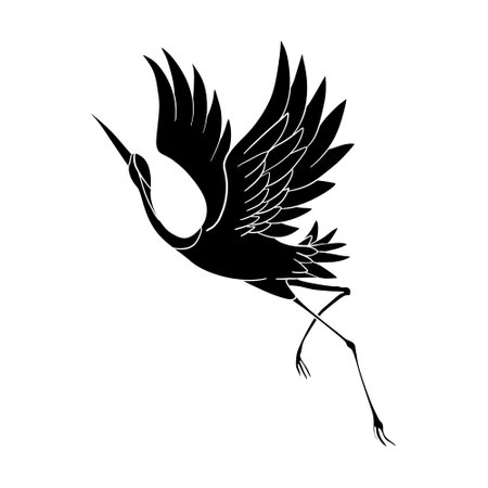 The silhouette of a flying crane on a white background. Vector illustrationのイラスト素材