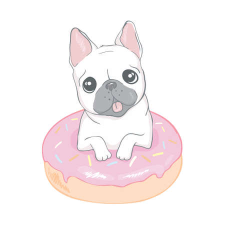 Cute bulldog and a donut on an isolated white background. Illustration, vectorのイラスト素材