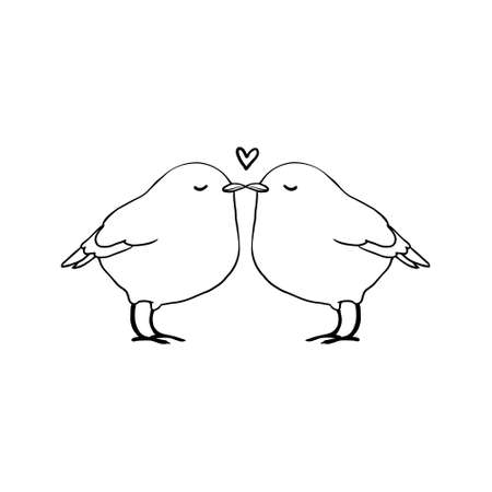 Linear cartoon hand drawn bird illustration. Cute doodle black and white bird illustration. Monochrome funny bird illustration on white background.のイラスト素材