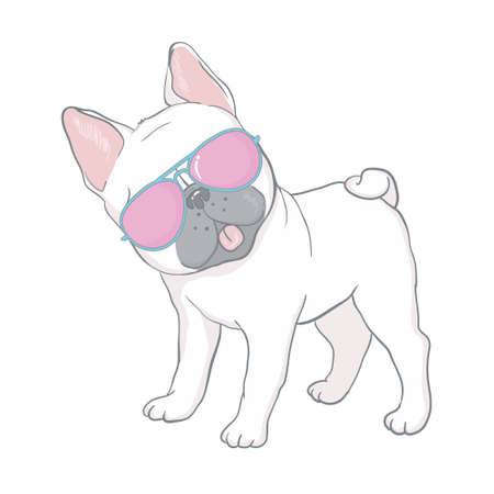 French bulldog with glasses. a dog with glasses on a white background. illustration vector cartoonのイラスト素材
