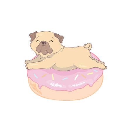 Pug with a donut flat style on a white background. Vector, ilのイラスト素材
