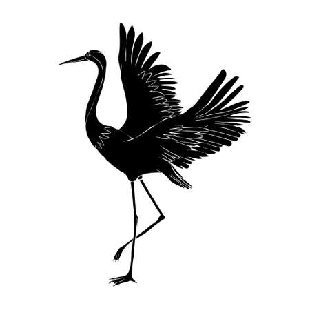 The silhouette of a flying crane on a white background. Vector illustrationのイラスト素材