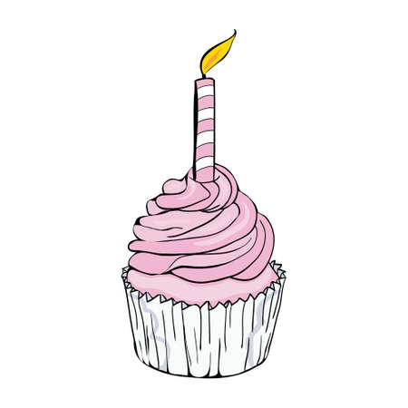 Pink birthday celebration cupcake line icon with candle symbol. Vector illustration.のイラスト素材