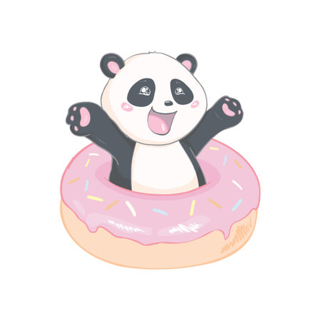 Cute Panda bear, vector illustration. Vector of animals. panda with a donut. Valentine's Day Greeting Cardのイラスト素材