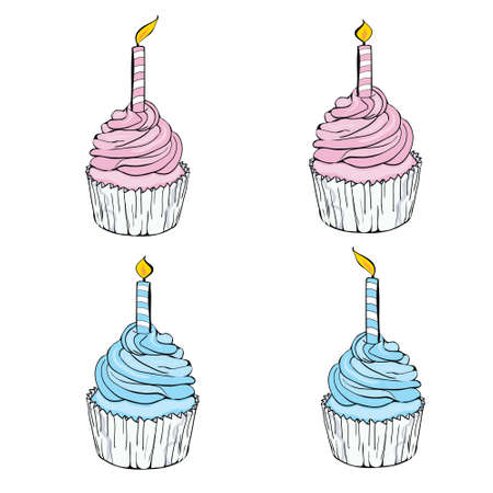Pink birthday celebration cupcake line icon with candle symbol. Vector illustration.のイラスト素材