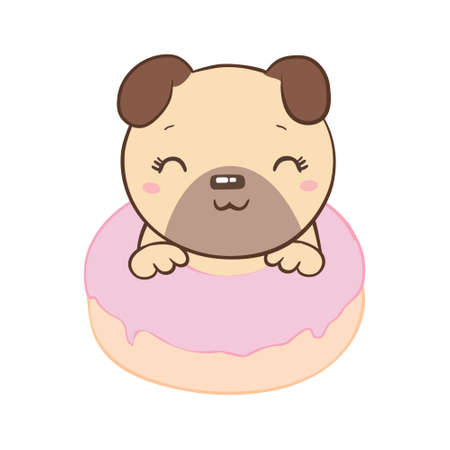 Pug with a donut flat style on a white background. Vector, ilのイラスト素材