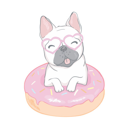 Cute bulldog and a donut on an isolated white background. Illustration, vectorのイラスト素材