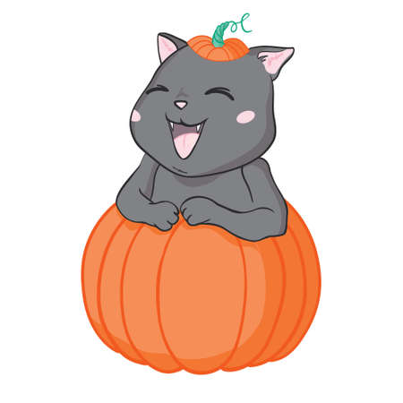 Black cat in a Halloween pumpkin and ghost. Background is separate. Vector, illustration.のイラスト素材