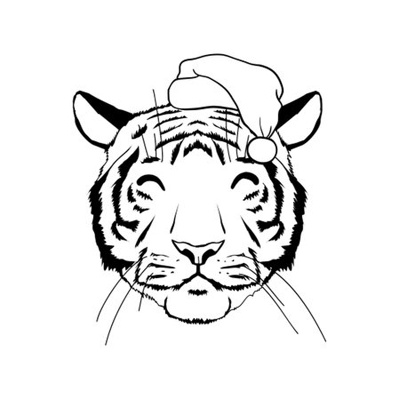 Vector pretty tiger - santa claus with a red hat. Happy New Year.のイラスト素材