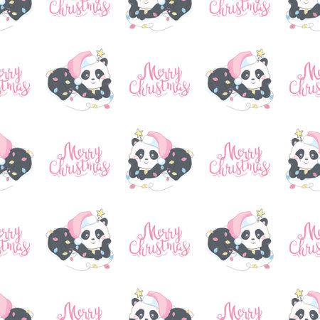 Seamless pattern with the image of a cute panda in a Santa Claus hat in a cartoon style. Vector background for children.のイラスト素材