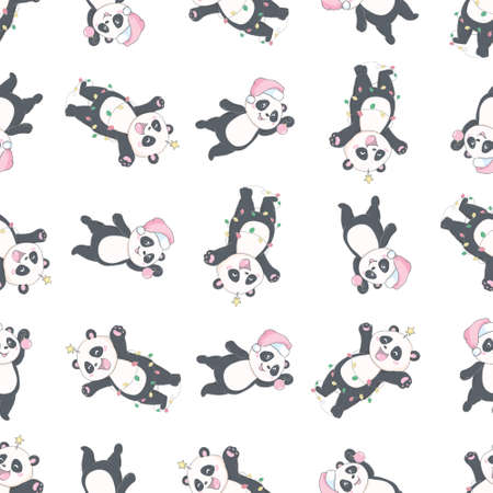 Seamless pattern with the image of a cute panda in a Santa Claus hat in a cartoon style. Vector background for children.のイラスト素材