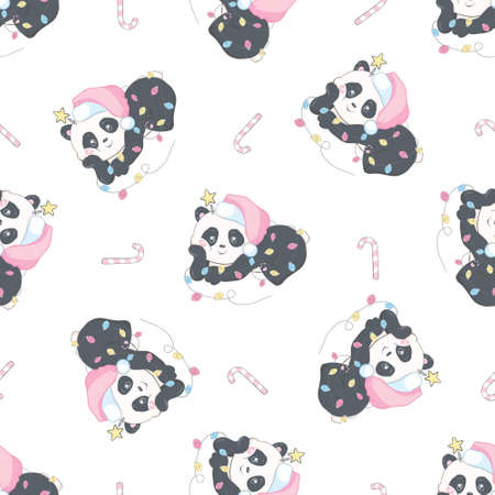 Seamless pattern with the image of a cute panda in a Santa Claus hat in a cartoon style. Vector background for children.のイラスト素材