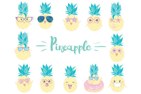 Group of five pineapples wearing different styles of sunglasses on white backgroundのイラスト素材