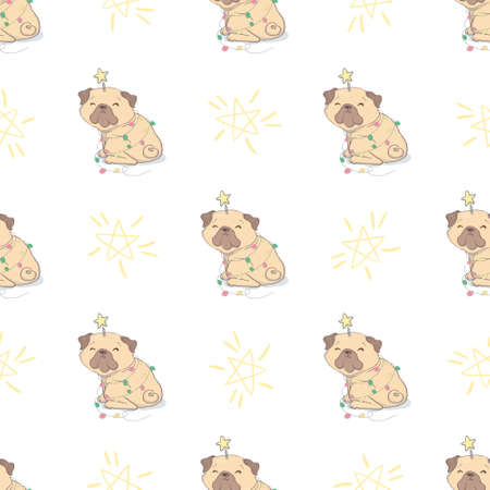 Christmas seamless pattern with the image of little cute puppies in the hat of Santa Claus. Children's vector background.のイラスト素材