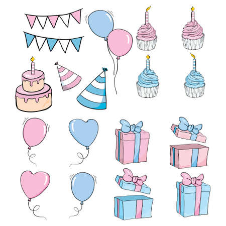 Birthday party vector illustration set. Cartoon element for fun happy anniversary day celebrate, surprise gift decoration balloon on birthdate, cake, party carnival hat or flag icons isolated on whiteのイラスト素材