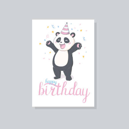 Panda vector print, baby shower card. panda cartoon illustration, greeting card, kids cards for birthday poster or banner, doodle invitationのイラスト素材