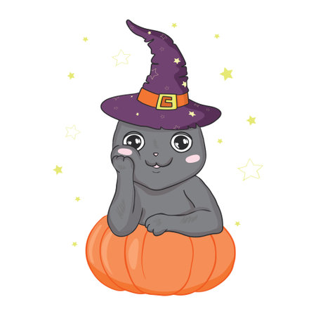Black cat in a Halloween pumpkin and ghost. Background is separate. Vector, illustration.のイラスト素材