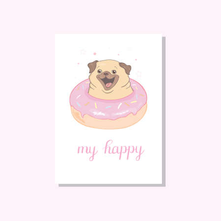 A colorful vector illustration of a cute pug with a message below. A romantic concept for a party. Design of a banner, postcard or poster in a modern flat style.のイラスト素材