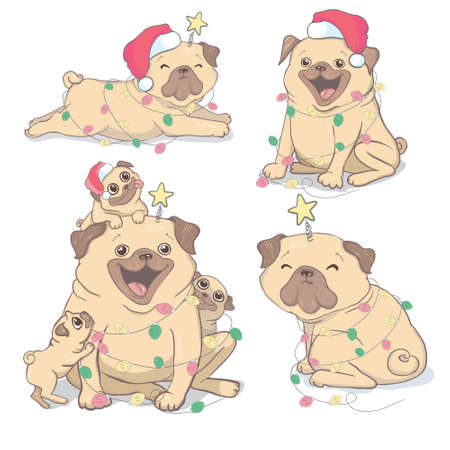 Christmas greeting card. A pug with a garland. Cute pug puppy on a white background in a beanie, vector postcardのイラスト素材