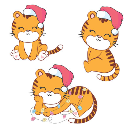 Vector pretty tiger - santa claus with a red hat. Happy New Year.のイラスト素材