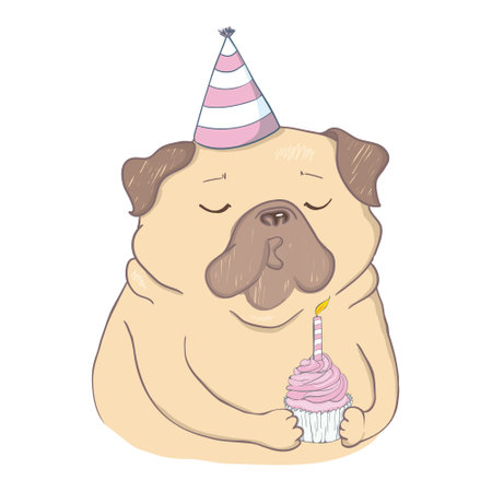 Cute birthday card with a funny puppy. Loving pug and gifts. Vector illustration.のイラスト素材