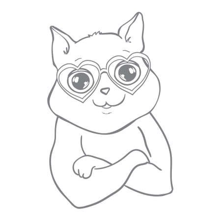 Vector cute cat illustration. Hand drawn Stylish kitten art. Doodle Kitty in glasses. Cartoon animal isolated on white. Funny character. Ideal for cards, posters, kids print.のイラスト素材