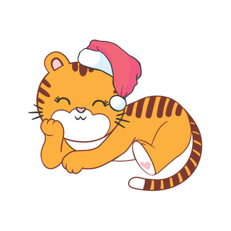Vector pretty tiger - santa claus with a red hat. Happy New Year.のイラスト素材