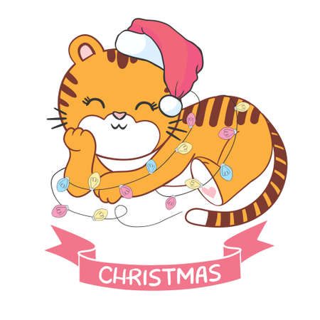 Vector pretty tiger - santa claus with a red hat. Happy New Year.のイラスト素材