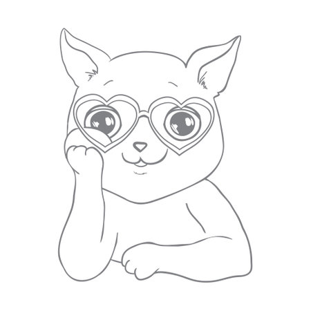 Vector cute cat illustration. Hand drawn Stylish kitten art. Doodle Kitty in glasses. Cartoon animal isolated on white. Funny character. Ideal for cards, posters, kids print.のイラスト素材