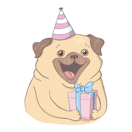 Cute birthday card with a funny puppy. Loving pug and gifts. Vector illustration.のイラスト素材