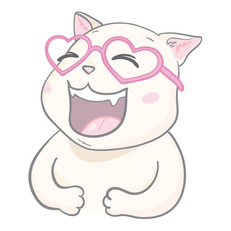 Vector cute cat illustration. Hand drawn Stylish kitten art. Doodle Kitty in glasses. Cartoon animal isolated on white. Funny character. Ideal for cards, posters, kids print.のイラスト素材