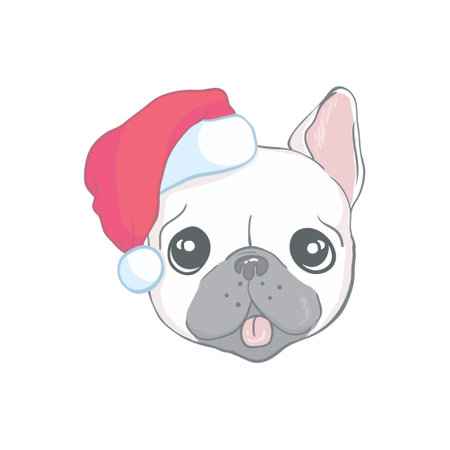 Christmas card. Poster of portrait bulldog in a Santa's hat. Vector illustration.のイラスト素材