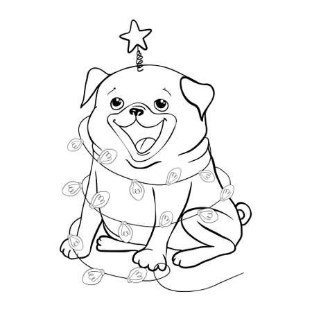 Cute pug. Portrait of dog in sketch style. Hand drawn vector illustration. Black and white monochrome animal illustration.のイラスト素材