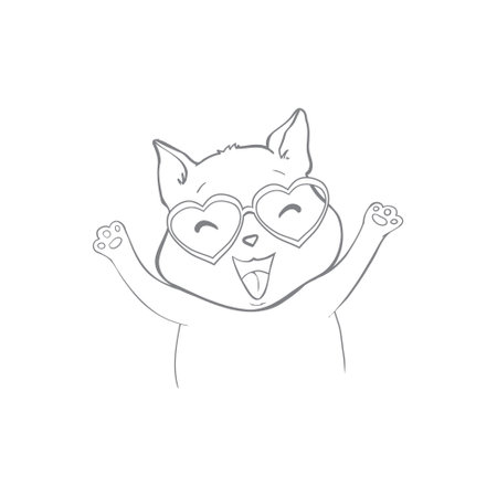 Vector cute cat illustration. Hand drawn Stylish kitten art. Doodle Kitty in glasses. Cartoon animal isolated on white. Funny character. Ideal for cards, posters, kids print.のイラスト素材