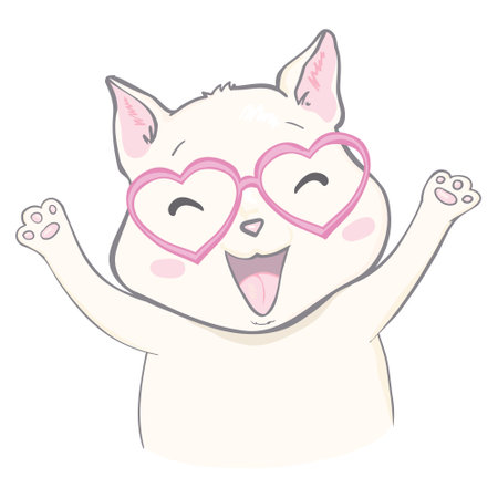 Vector cute cat illustration. Hand drawn Stylish kitten art. Doodle Kitty in glasses. Cartoon animal isolated on white. Funny character. Ideal for cards, posters, kids print.のイラスト素材
